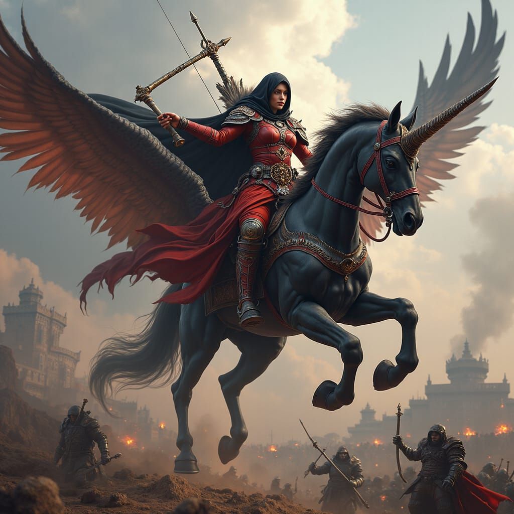 Warrior Woman on Unicorn Battles Orcs in Matte Painting Styl...