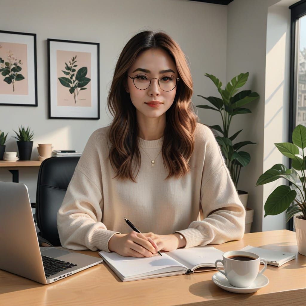 Girl Focuses on Screen in Cozy Office Scene