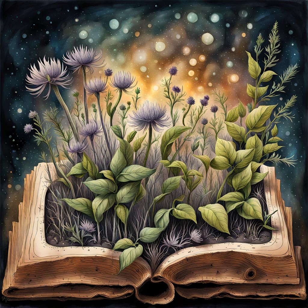 Magical Herb Garden Growing From Ancient Book