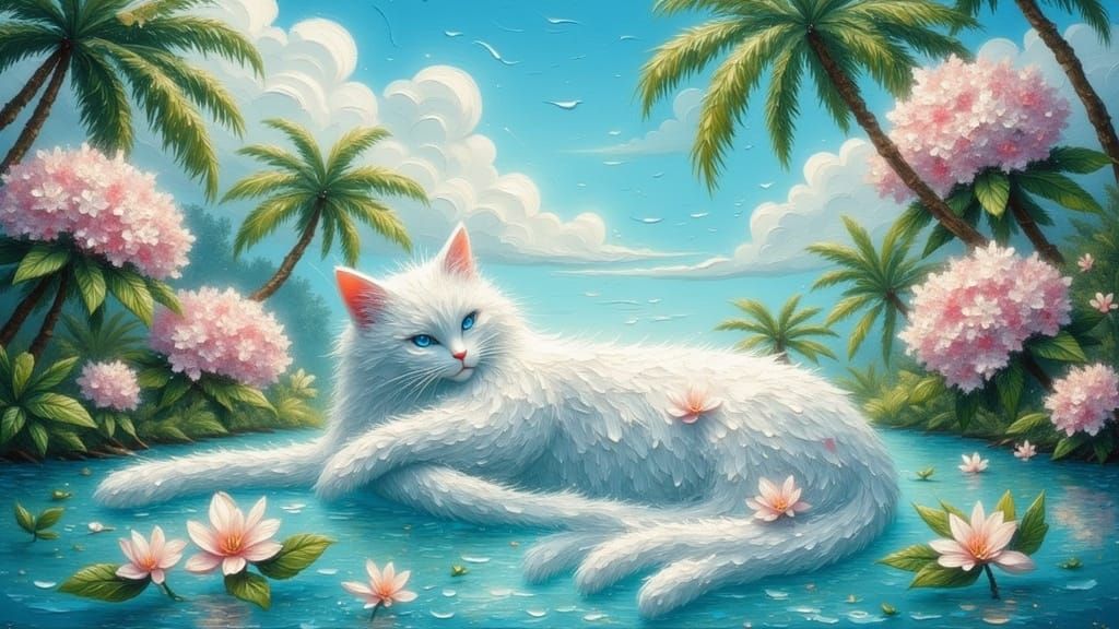 Floating Cat in Crystal Lagoon with Hydrangeas