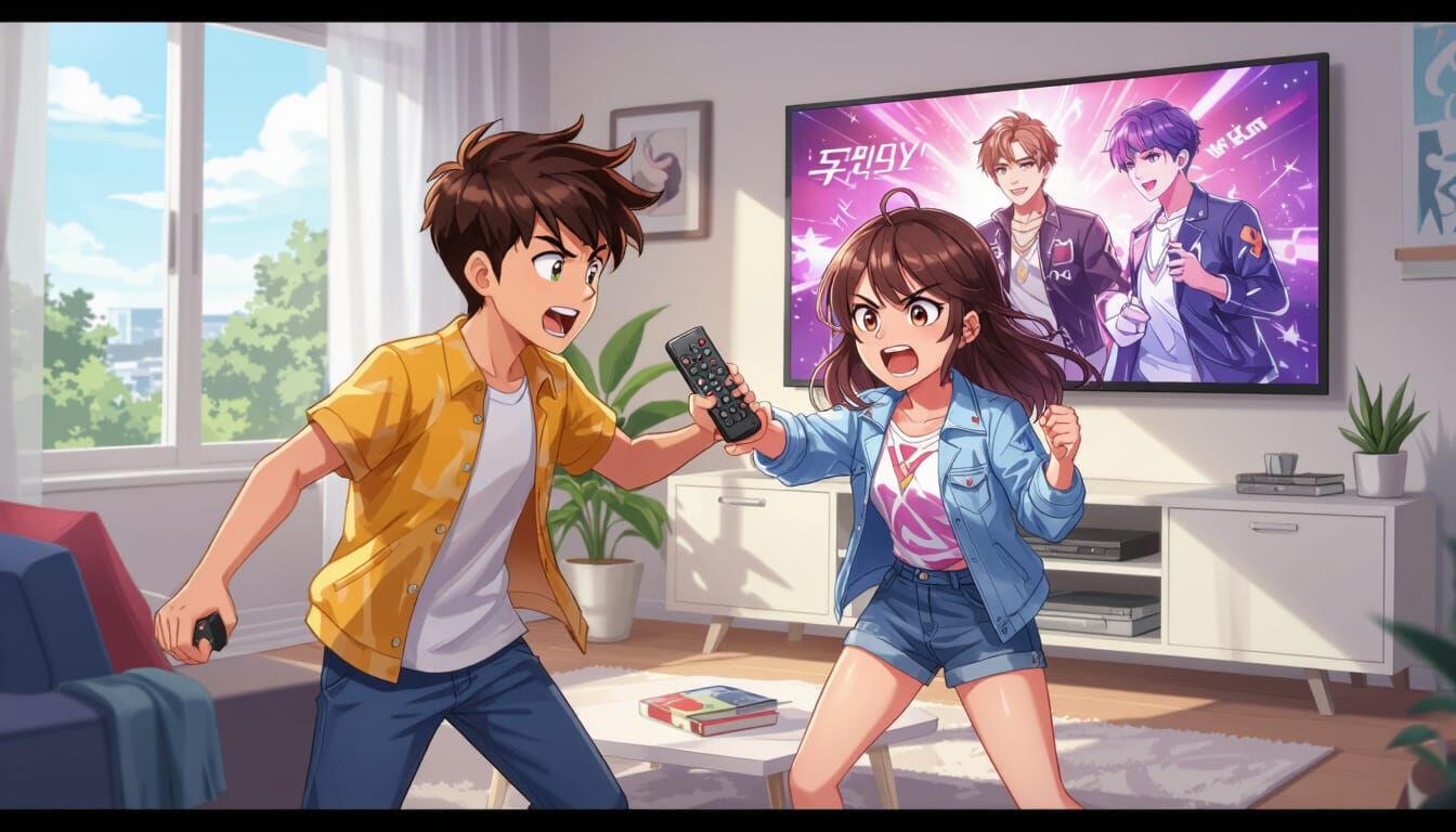 Brother Grabs Remote from Sister in Anime-Style Living Room