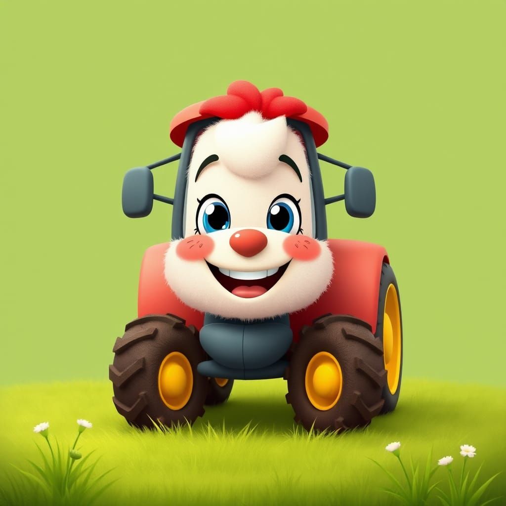 Rainbow Tractor Cartoon on Green Fields