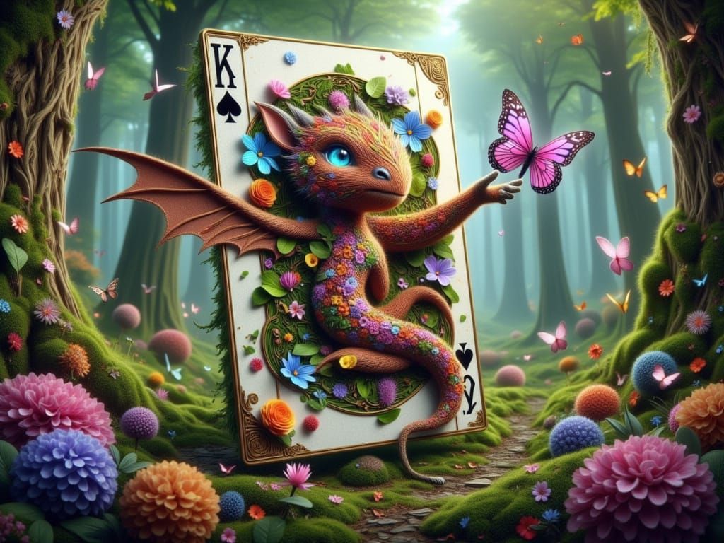 Cute Dragon Emerges from Arcane Card in Whimsical Forest