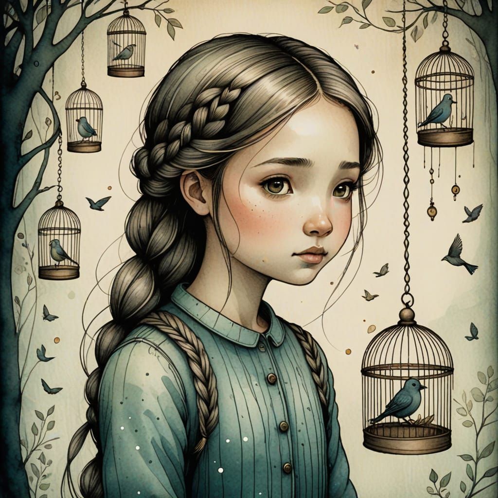 Delicate Storybook Portrait of a Girl in a Bird Cage