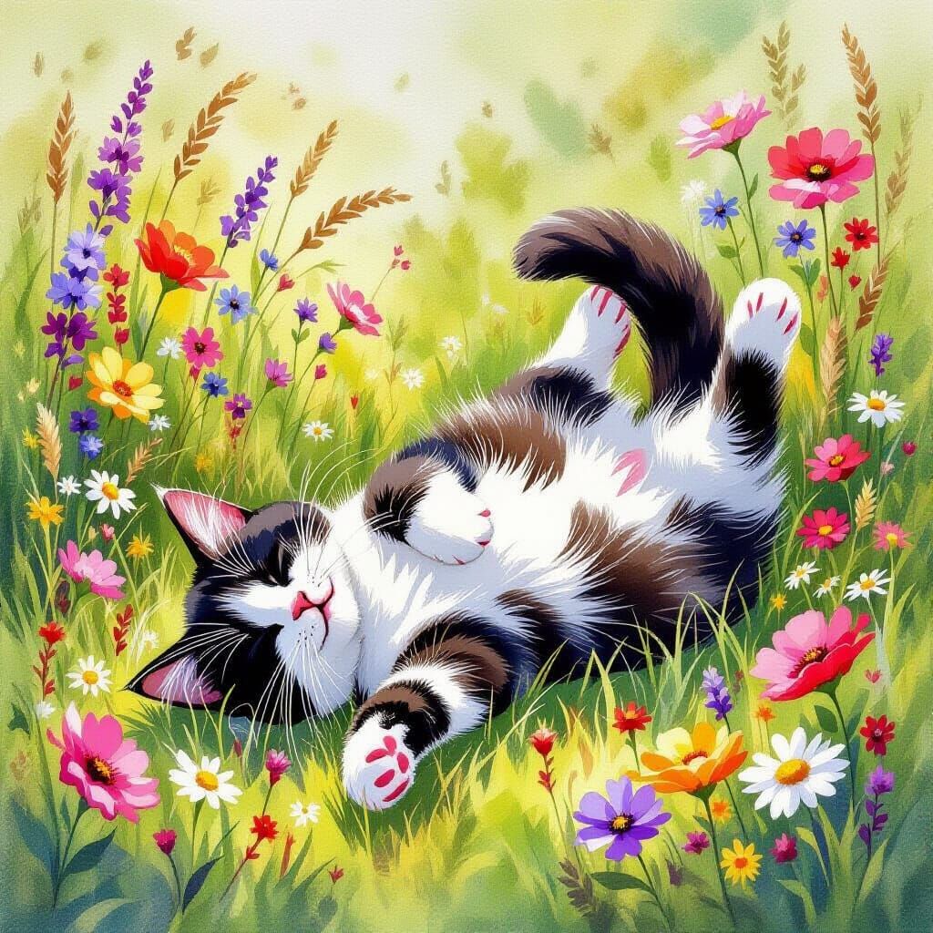 Happy Cat in Garden: Watercolor Oil Painting