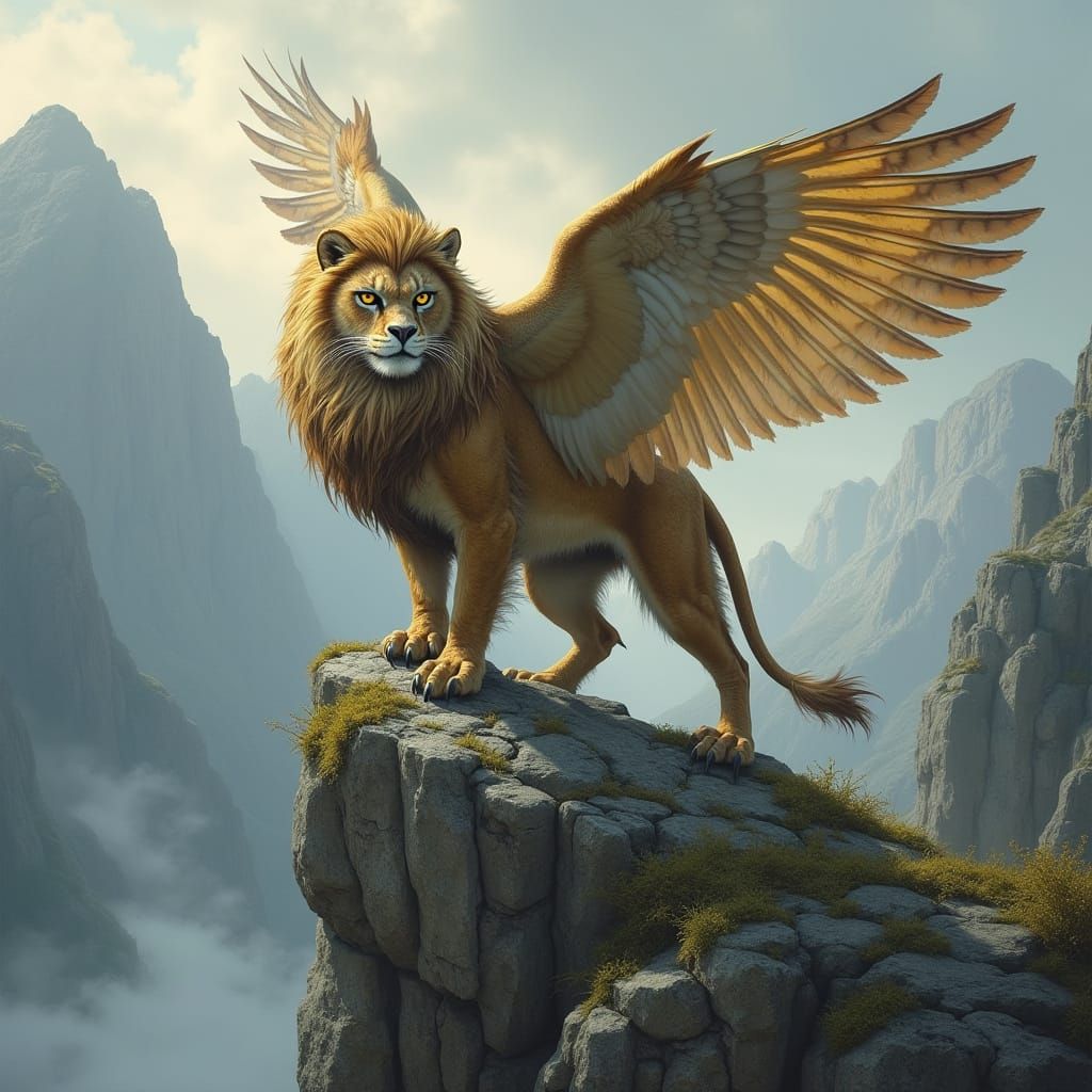 Majestic Owl-Lion Hybrid Soars Above Mysterious Valley
