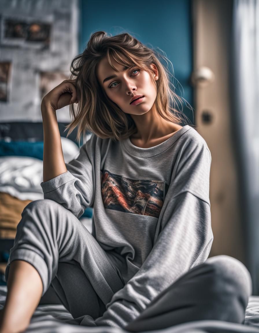 Hyperrealistic Photo of a Drowsy College Girl