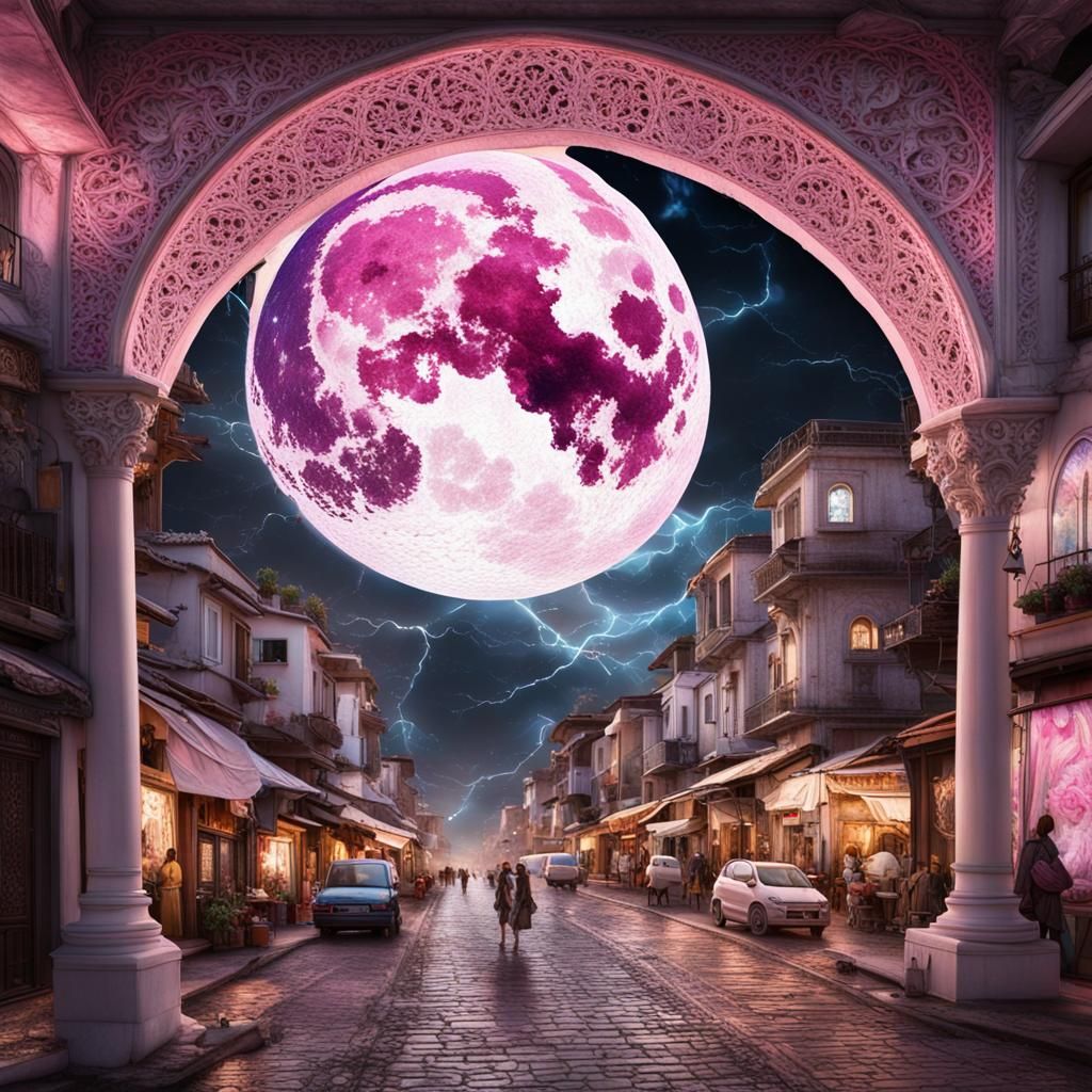 Surreal Moon Over Turkish Street in Fantasy Style