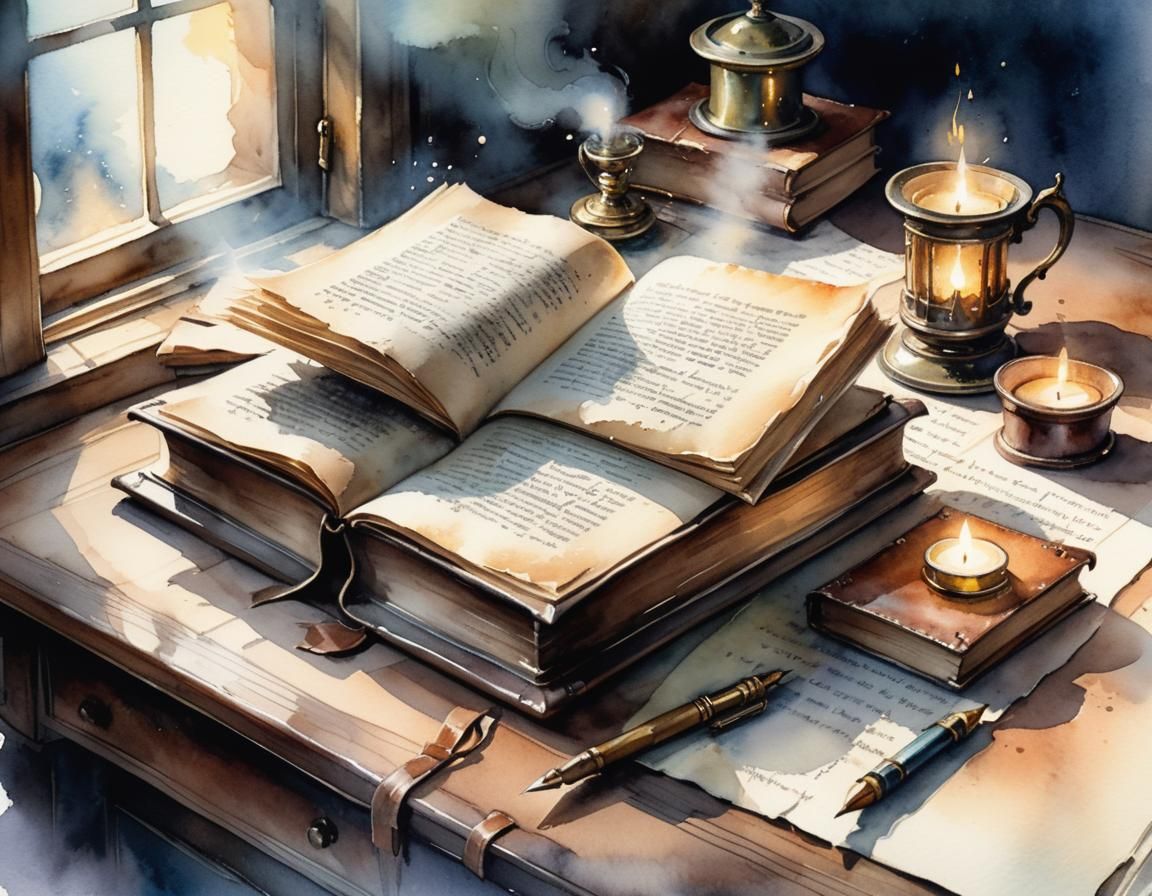 Magical Book on Writing Desk in Watercolor Style