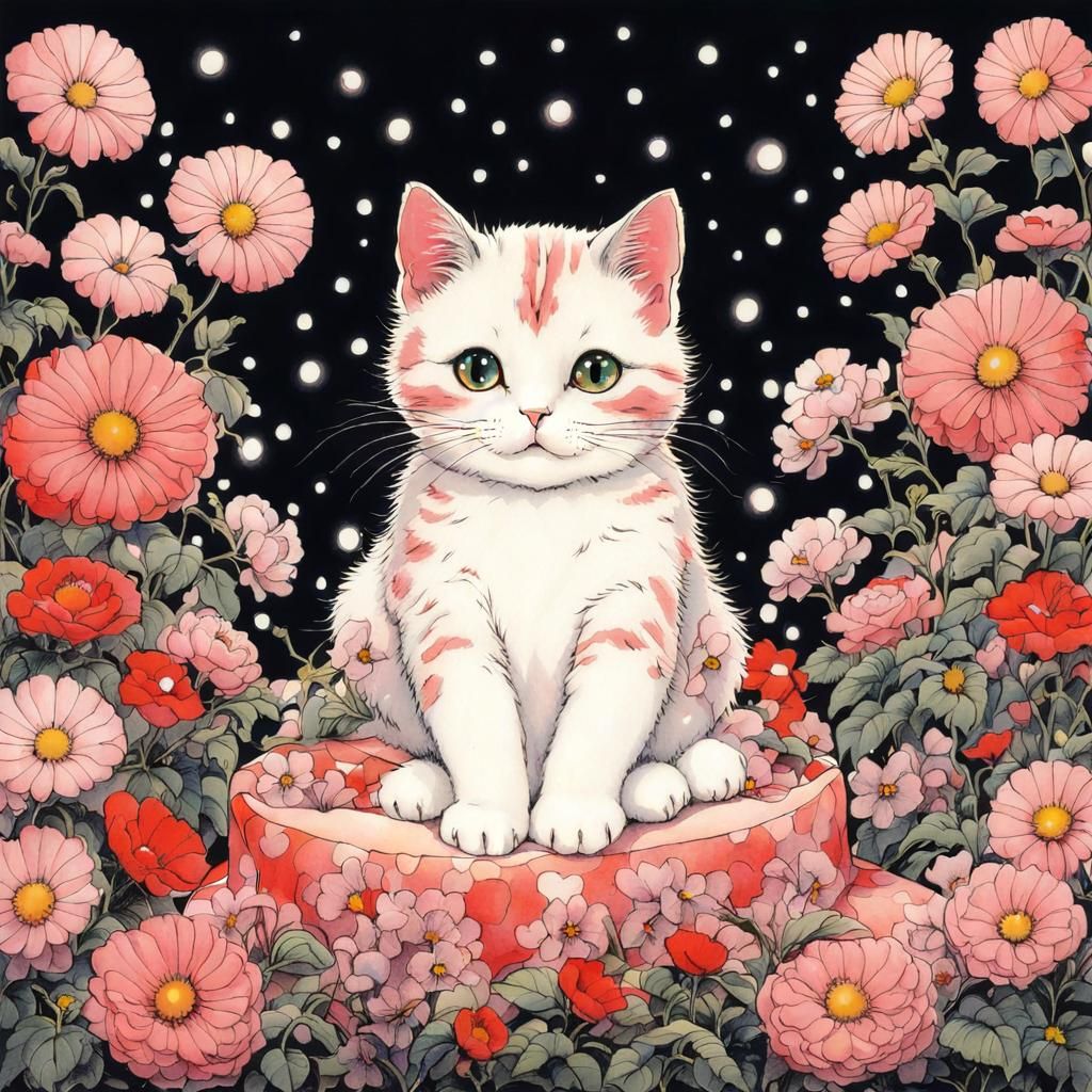 Cute Cat with Flowers in Manga Style