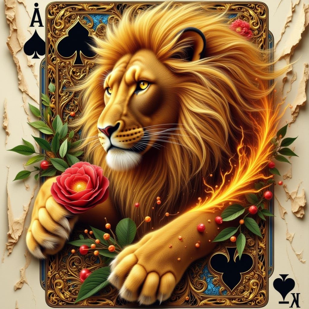 Majestic Lion Emerges from Antique Playing Card in Whimsical...