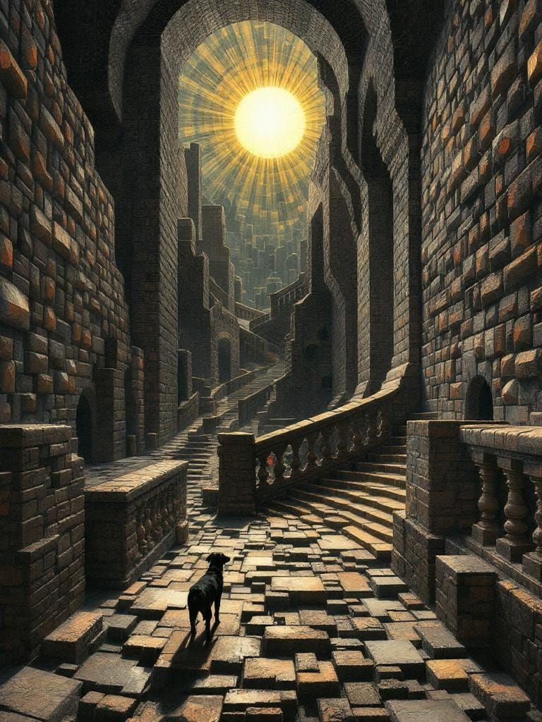 Geometric Dog in Sunlight, Beksiński and de Chirico Style