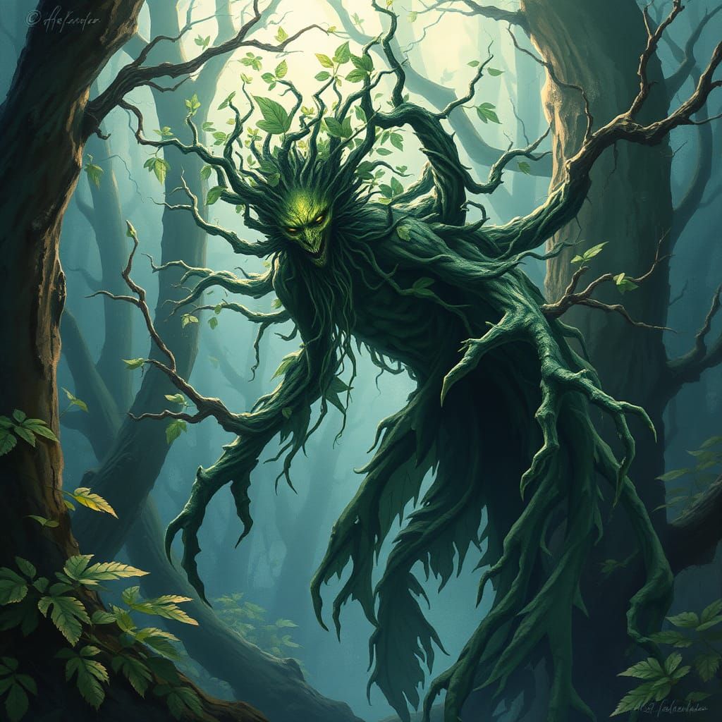 Mystical Green Man Emerges from Dark Forest