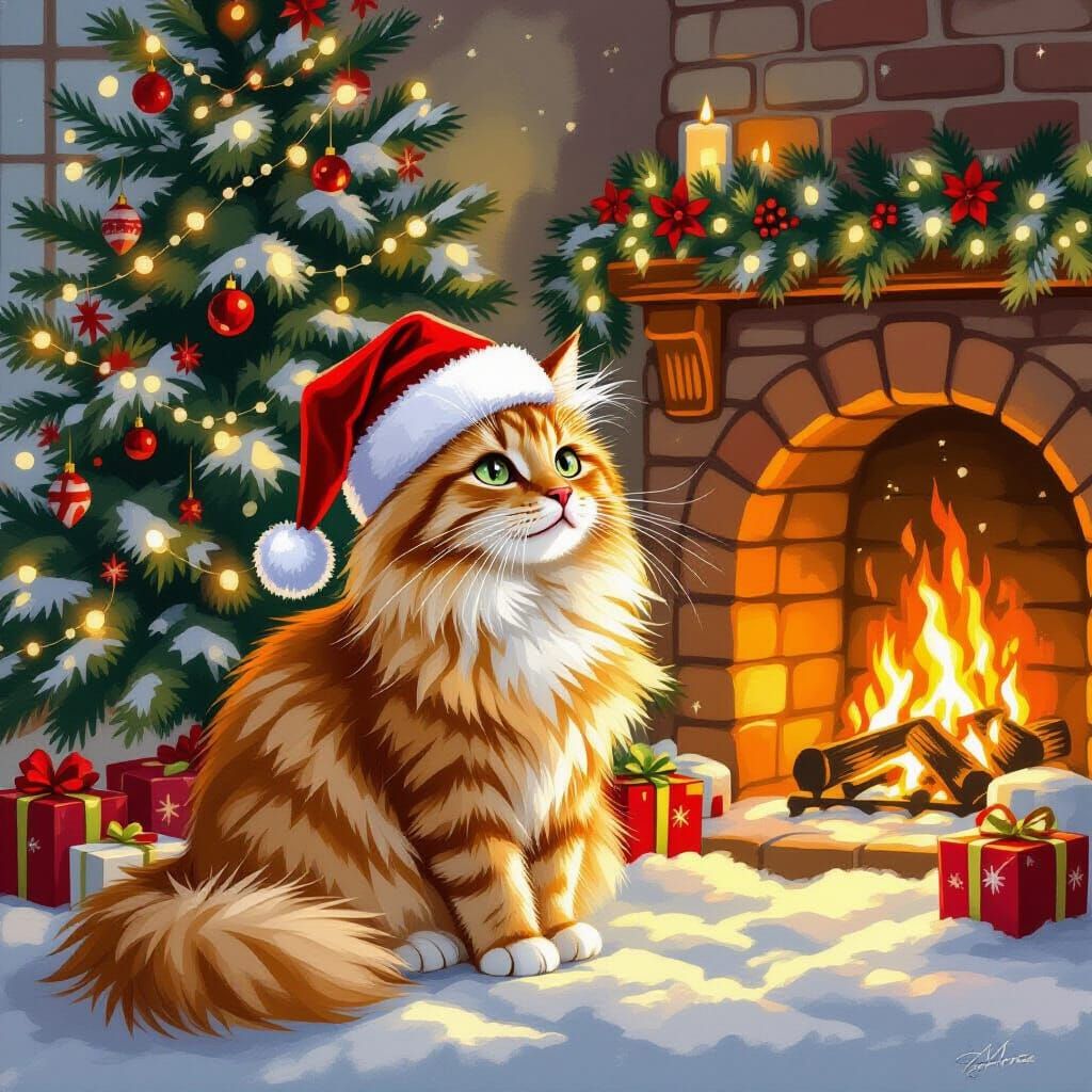 Ginger Cat in Santa Hat by Christmas Tree