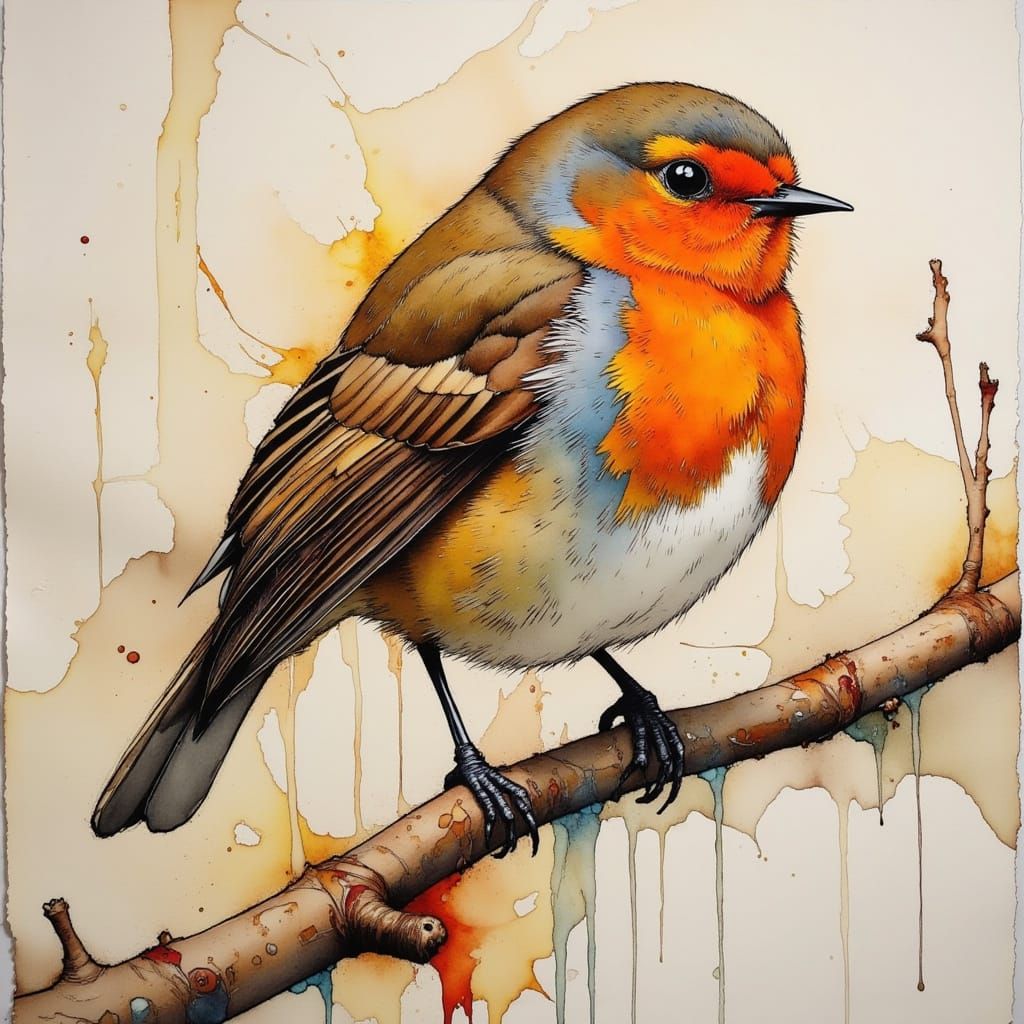 Impressionist Robin with Gold Veins and Sparkles