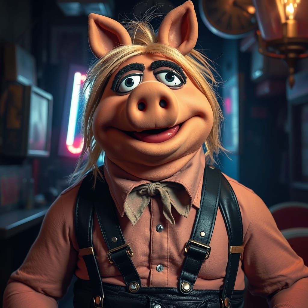 Sinister Male Pig Muppet Character with Leather