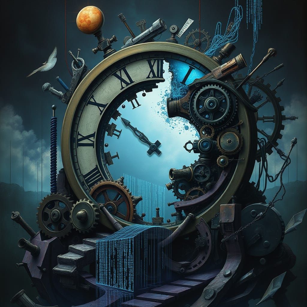 Surreal Clockwork Gateway With Digital Errors