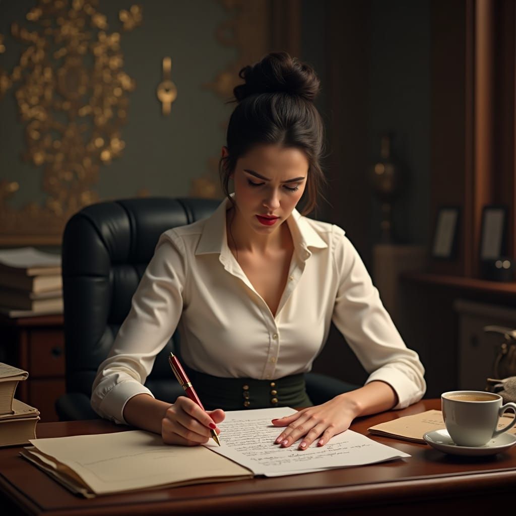 Office Woman Composing Angry Letter, Fantasy Concept Art