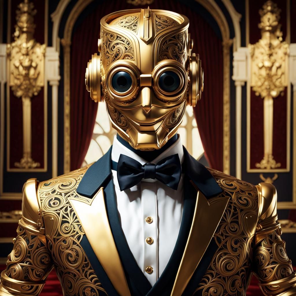 Friendly Gold Robot Butler in Futuristic Manor