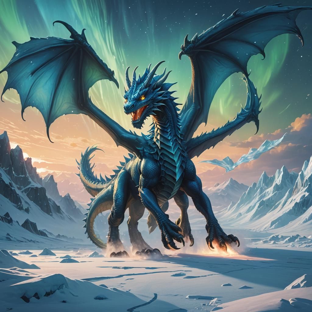 Majestic Blue Dragon Soaring Over Arctic Landscape