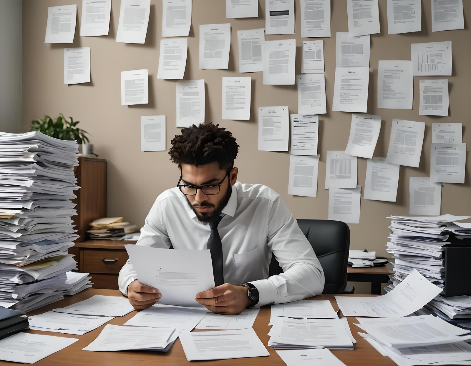 Recruiter Reviews Resumes at Office Desk