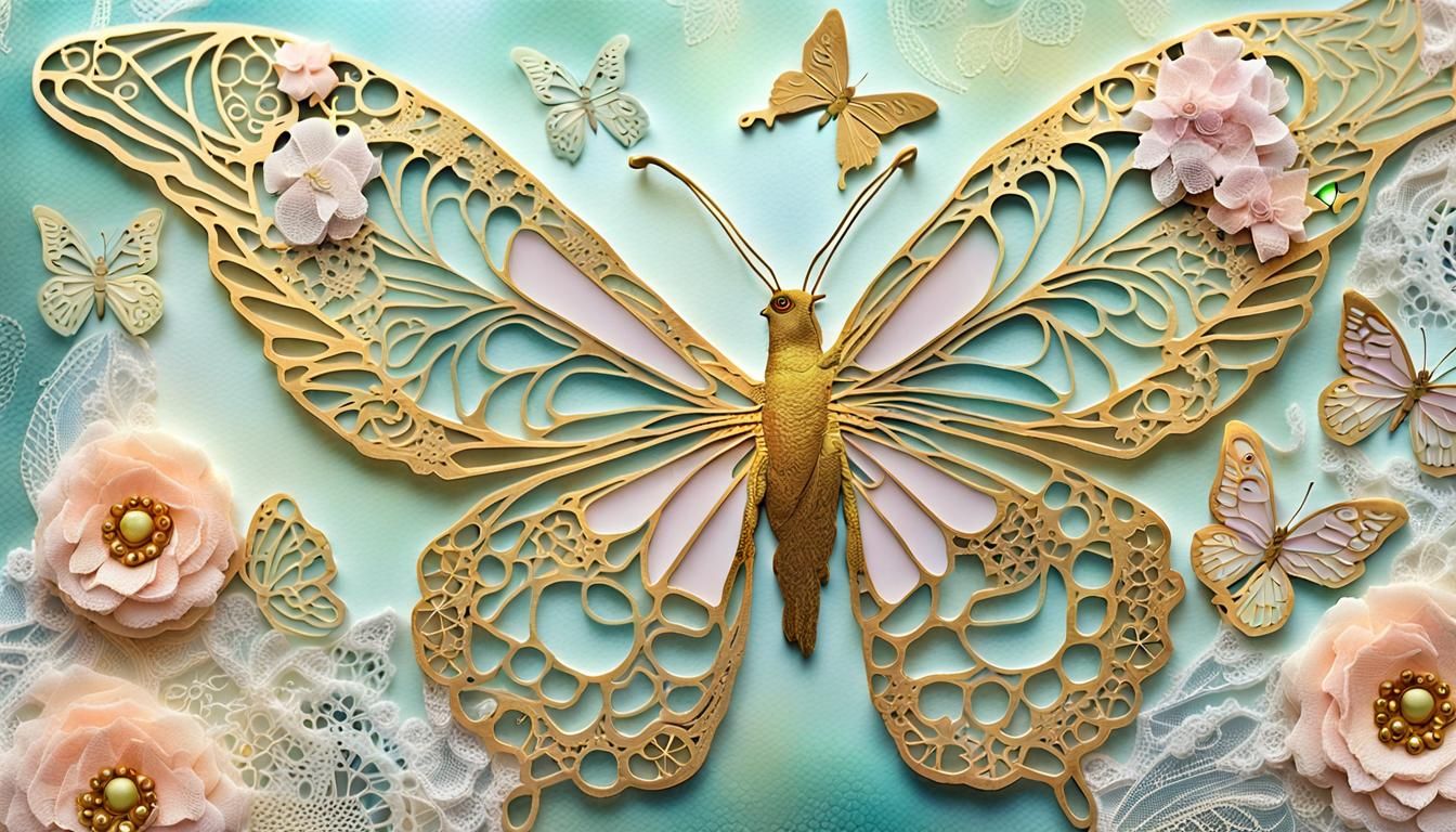 Whimsical Bird Collage with Lace and Butterflies