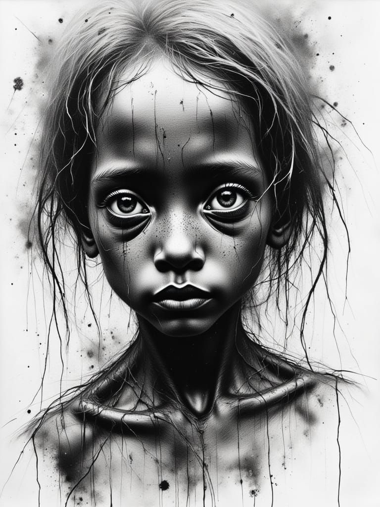 Monochromatic Ink Drawing of Starving Child in Congo