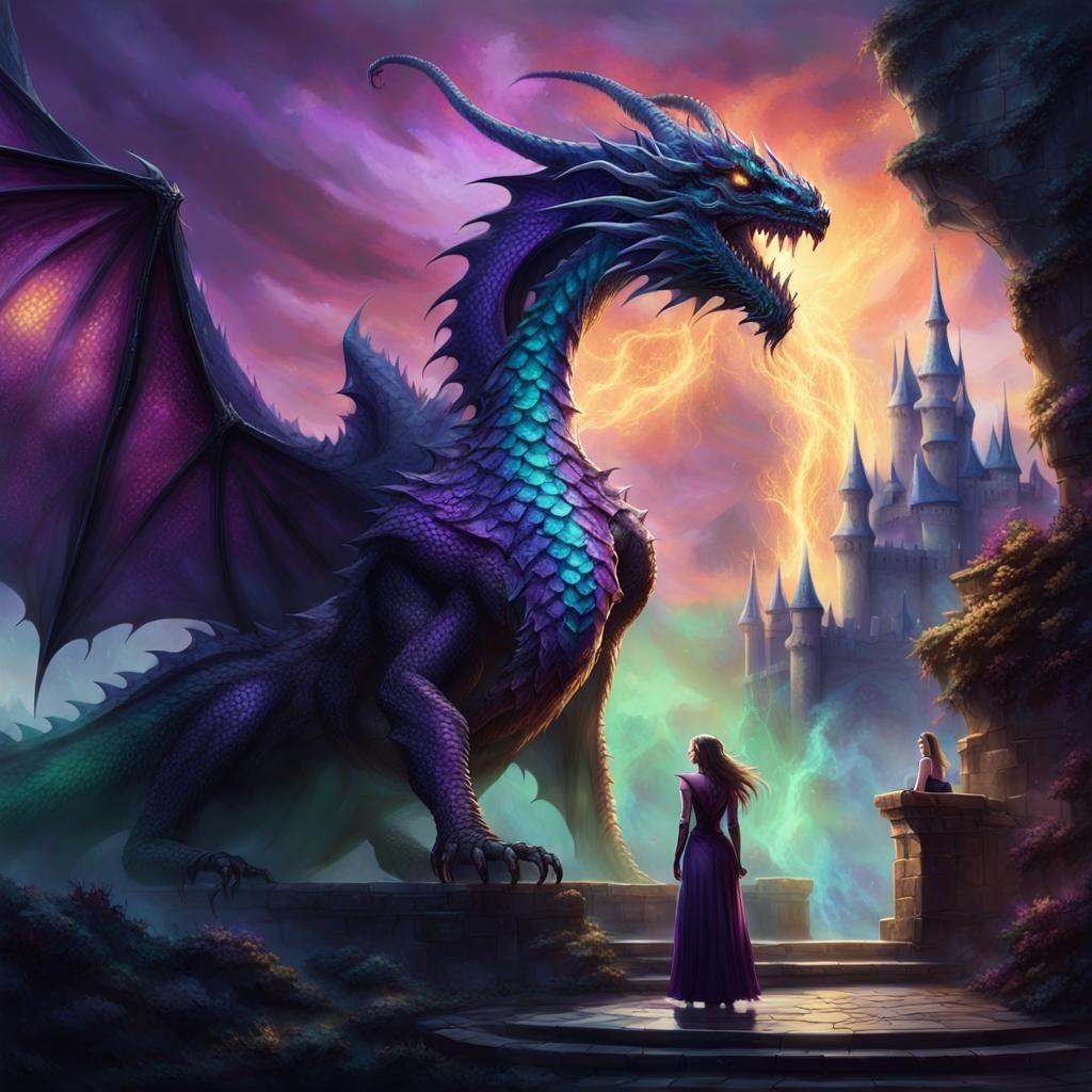 Fantasy Dragon Stares Down Elf Maiden