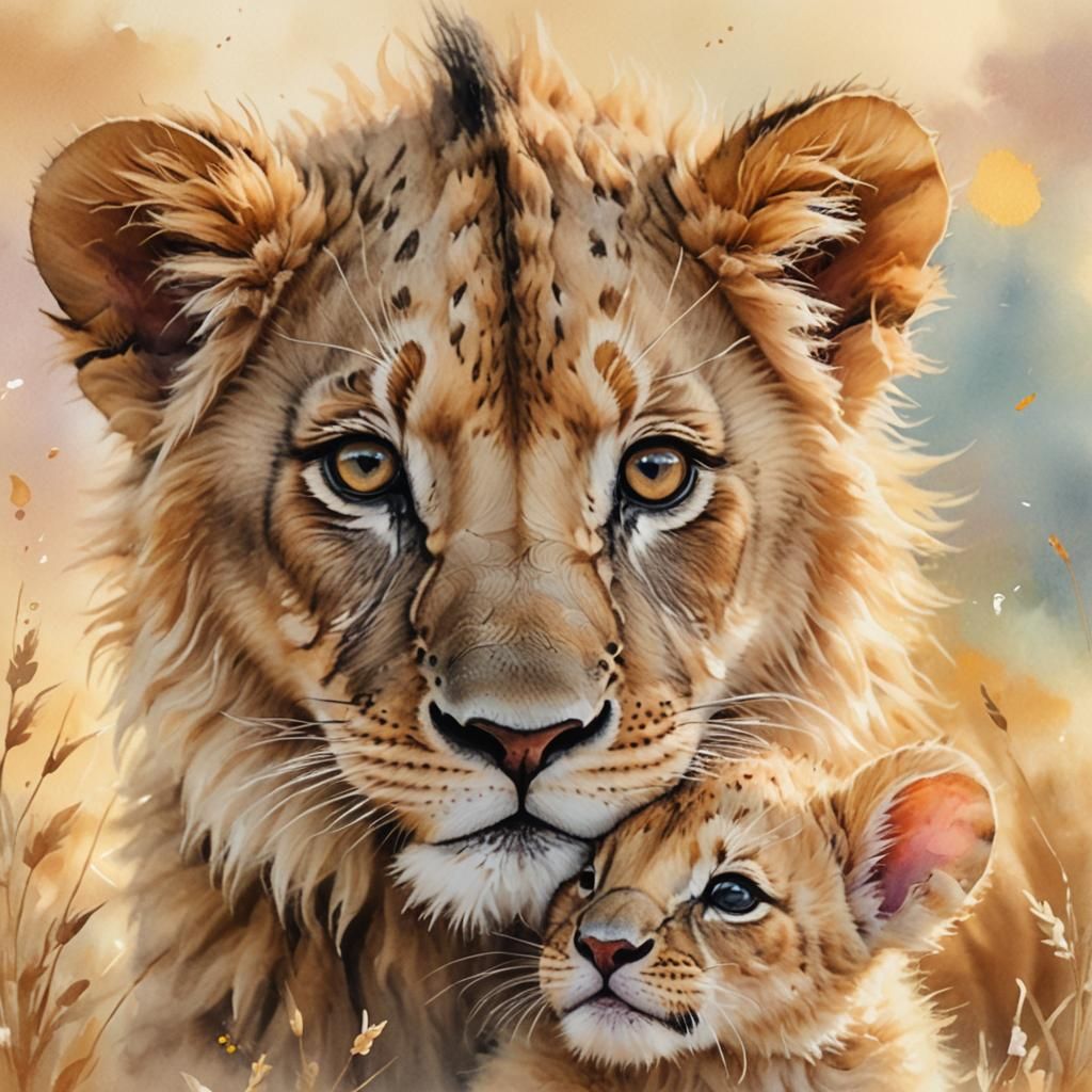 Dreamy Pastel Portrait of Lion and Mouse