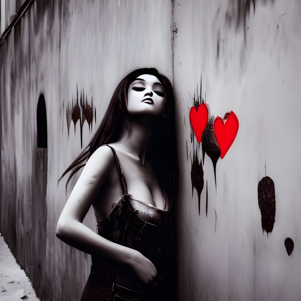 Woman in Graffiti Art with Hearts and Butterflies
