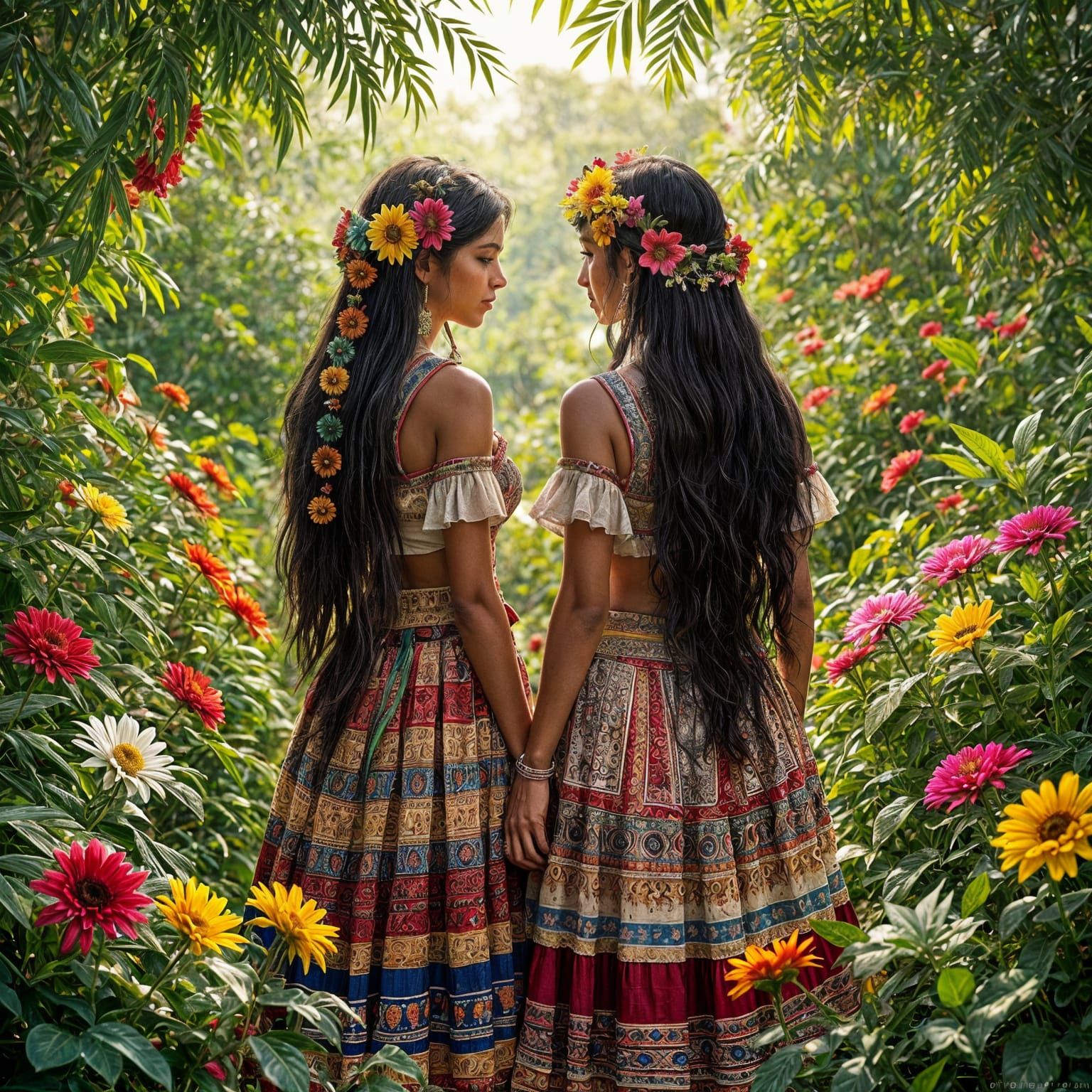 Ancient Aztec Women with Floral Hair and Long Hair