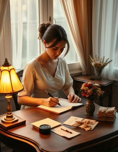 Tradwife Writes Letter in Warm, Romantic Film Photo Style