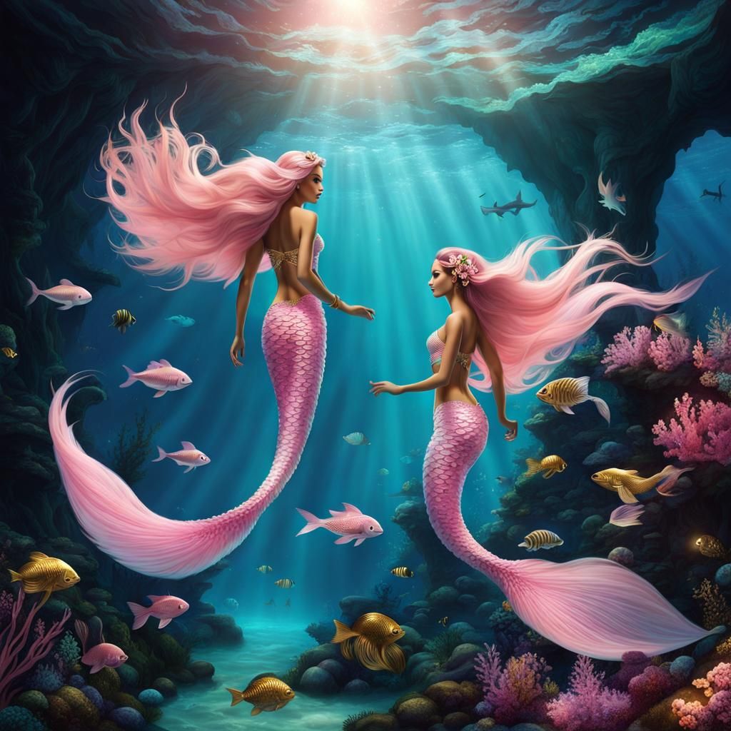 Pink-Tailed Mermaids in Grotto with Gold