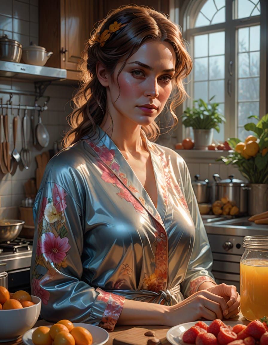 Woman in Transparent Pajamas in Kitchen, Morning Light