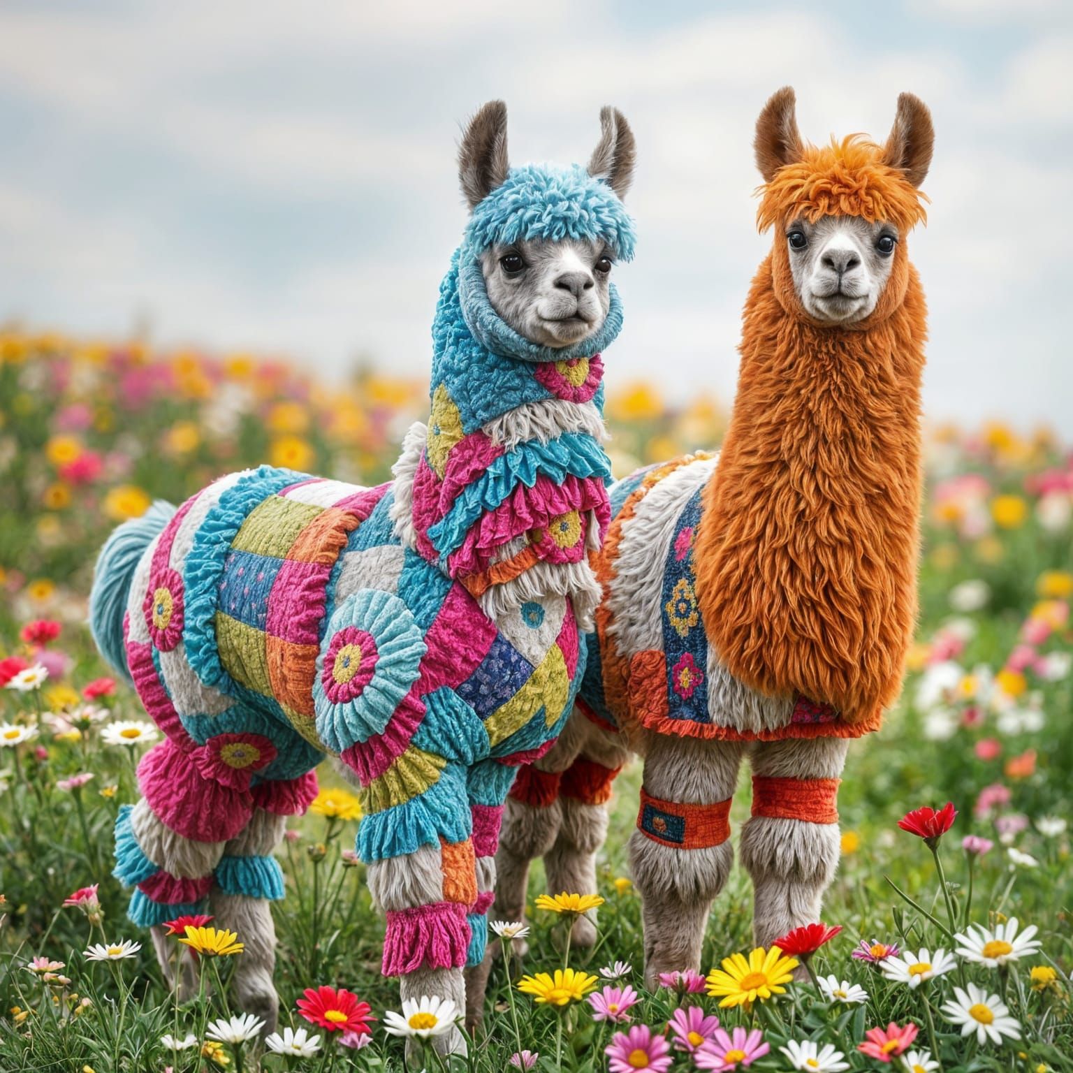 Vibrant Patchwork Alpacas in a Flowery Meadow