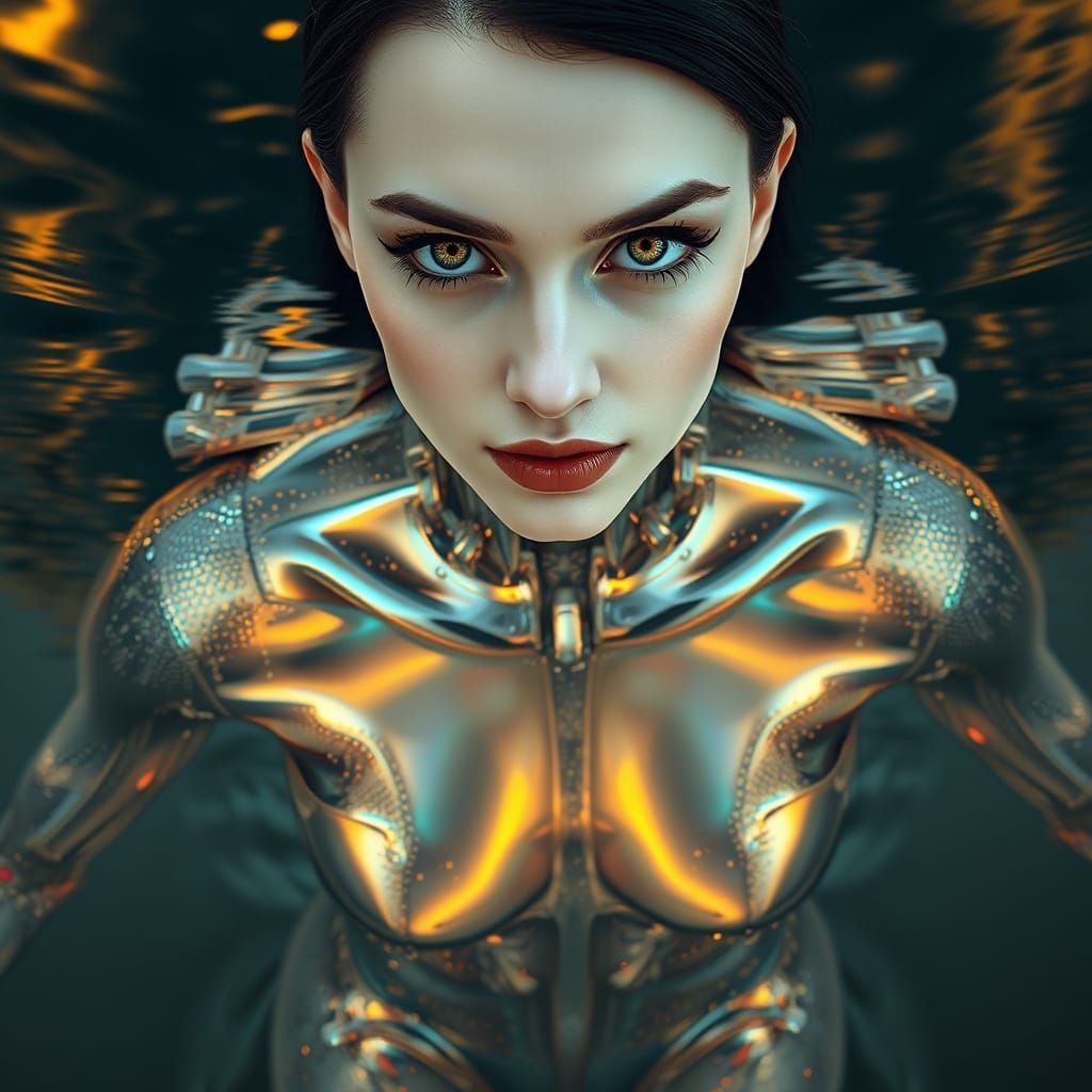 Glass Goddess in Chrome Bodysuit Shines Above Water