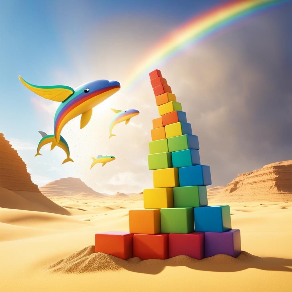 Rainbow Blocks in Desert with Flying Whales
