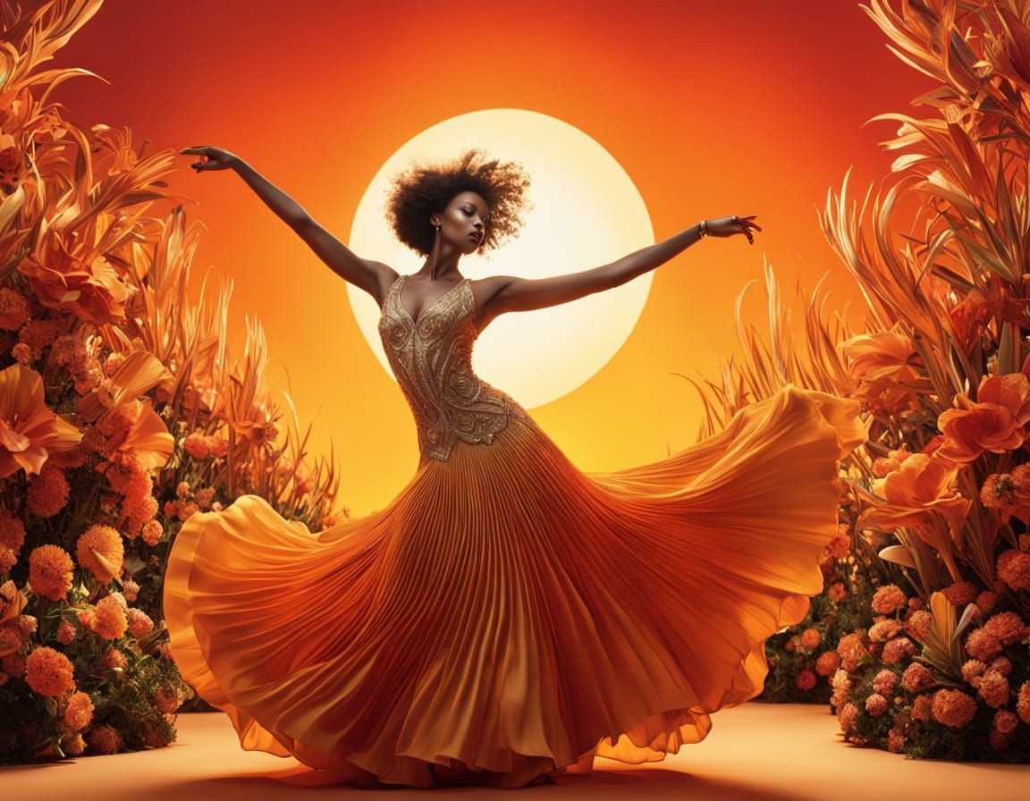 Woman Dancing in Vibrant Sunset Landscape