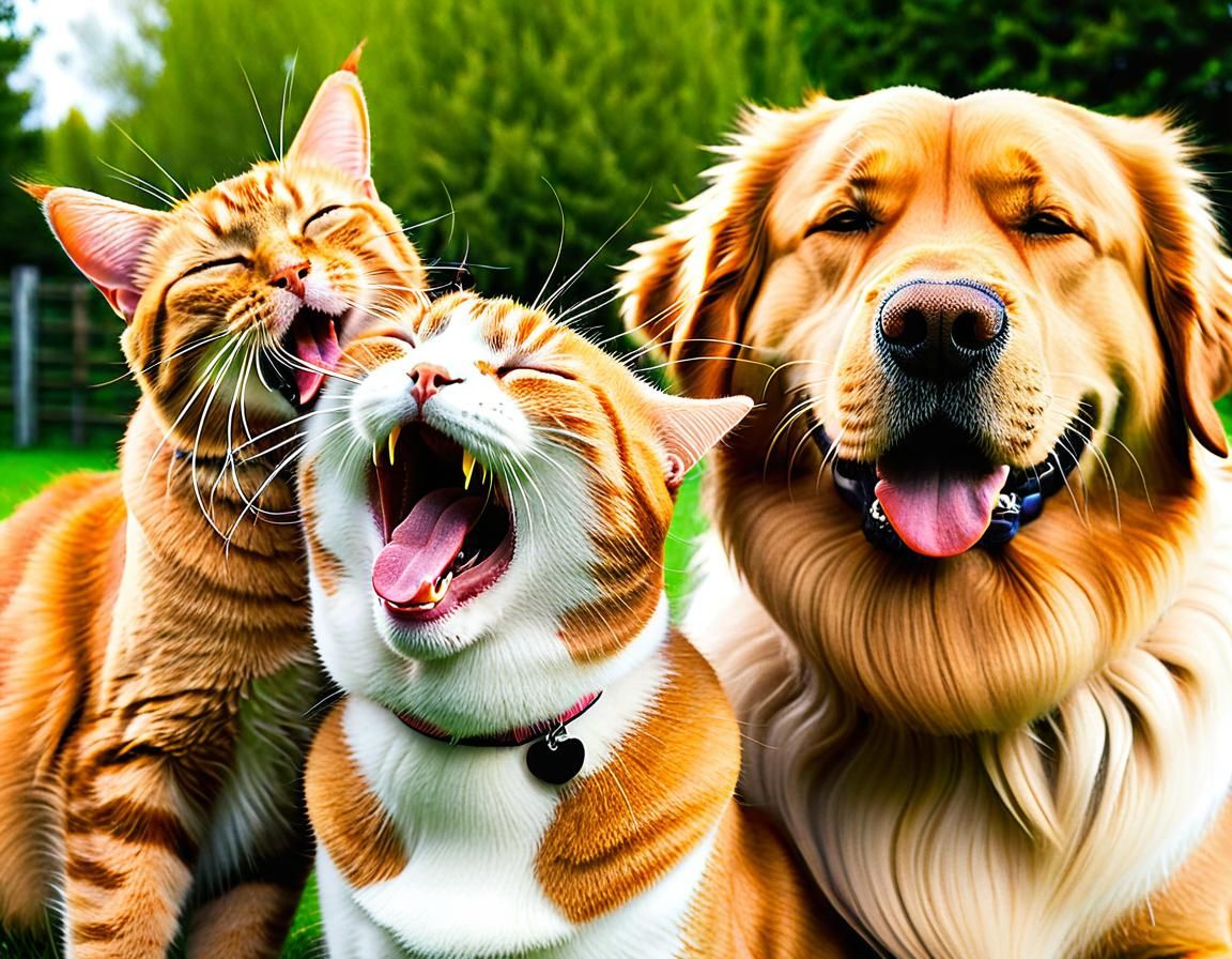 Happy Cat Surrounded by Affectionate Dogs