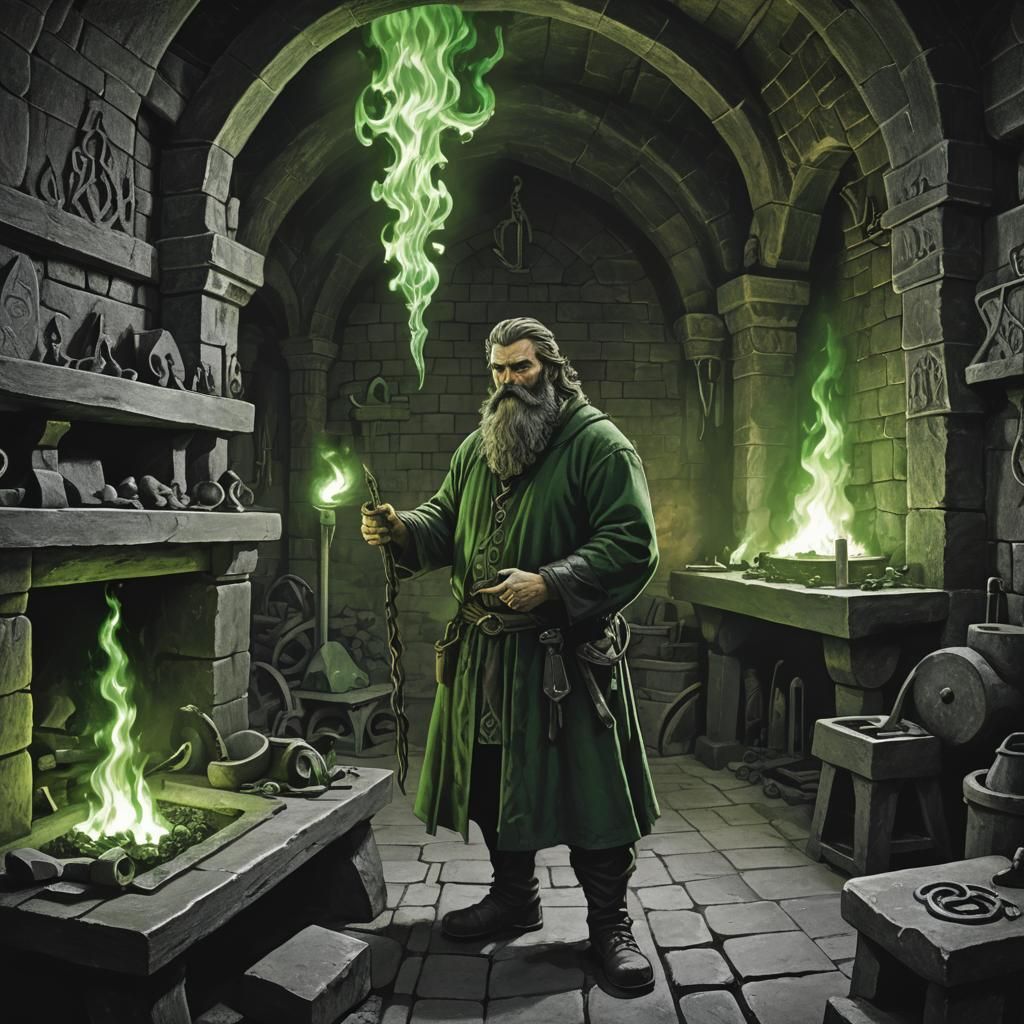 Magical Blacksmith in Underground Cathedral, Dark Fantasy Ar...