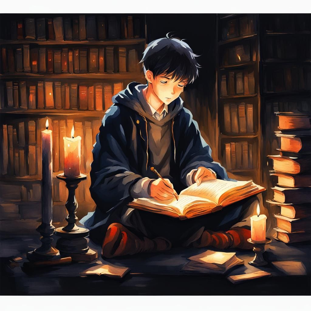 Boy Scholar Reading by Candlelight in Anime Watercolor