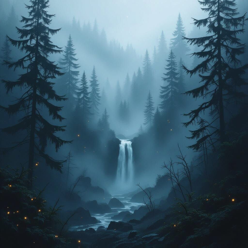 Mysterious Foggy Pine Forest with Hidden Waterfall