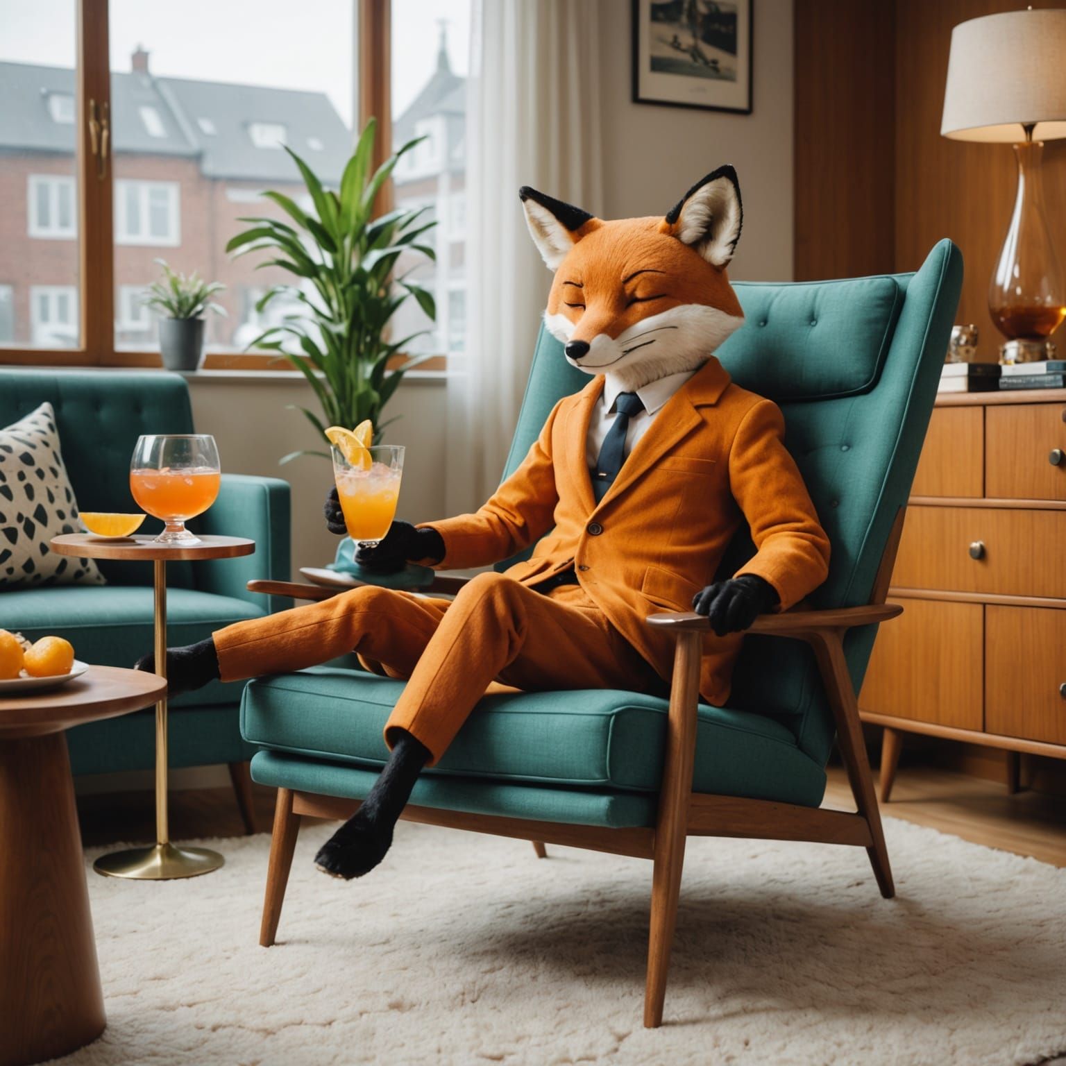 Anthropomorphic Fox Lounging in MCM Interior