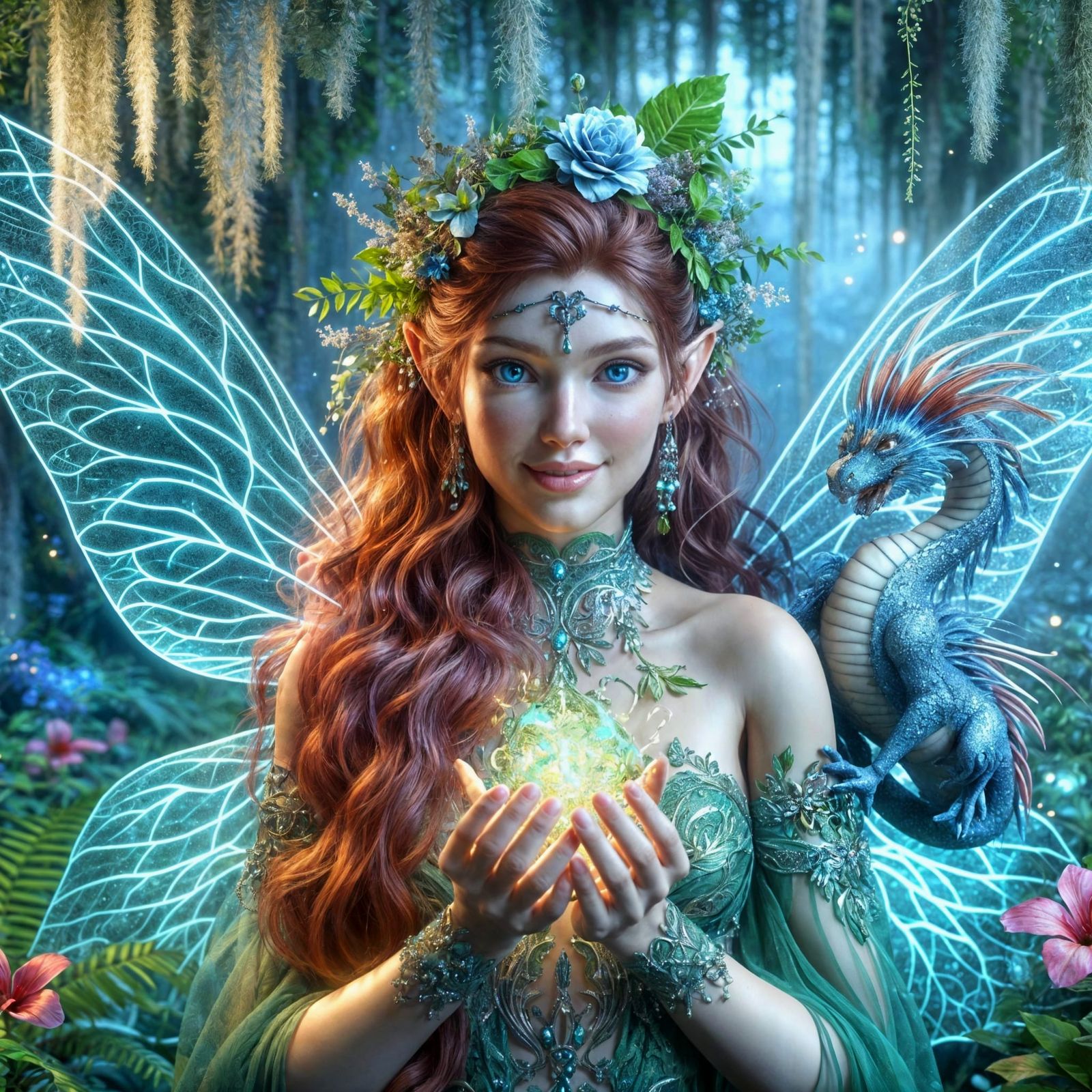 Fairy Goddess and Dragon in Enchanted Forest