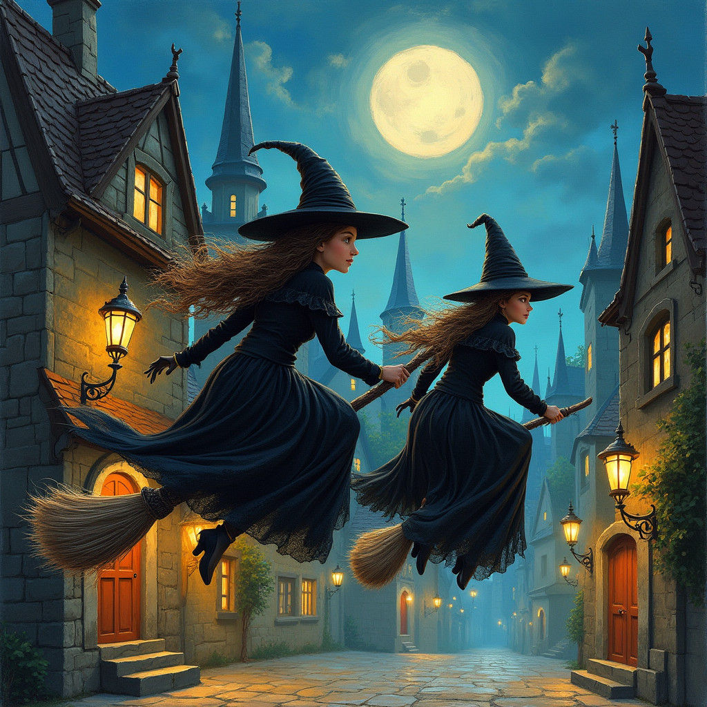 Witches Ride Through Mystical Town in Gouache Style