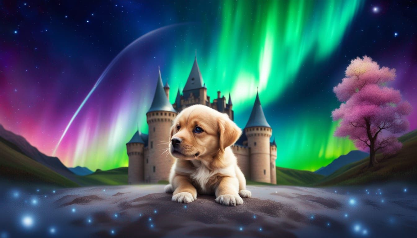 Chibi Puppy's Cosmic Castle: Hyperrealistic Digital Art