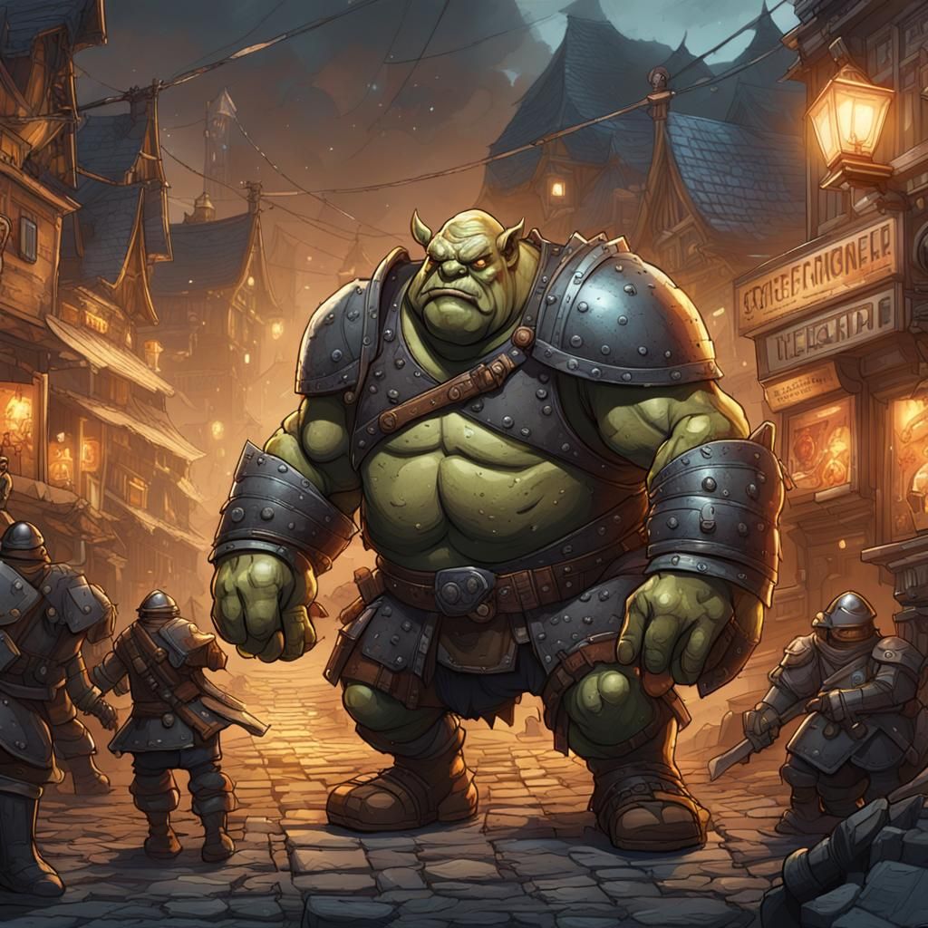 Armored Ogre Attacks Town in Comic Book Art Style