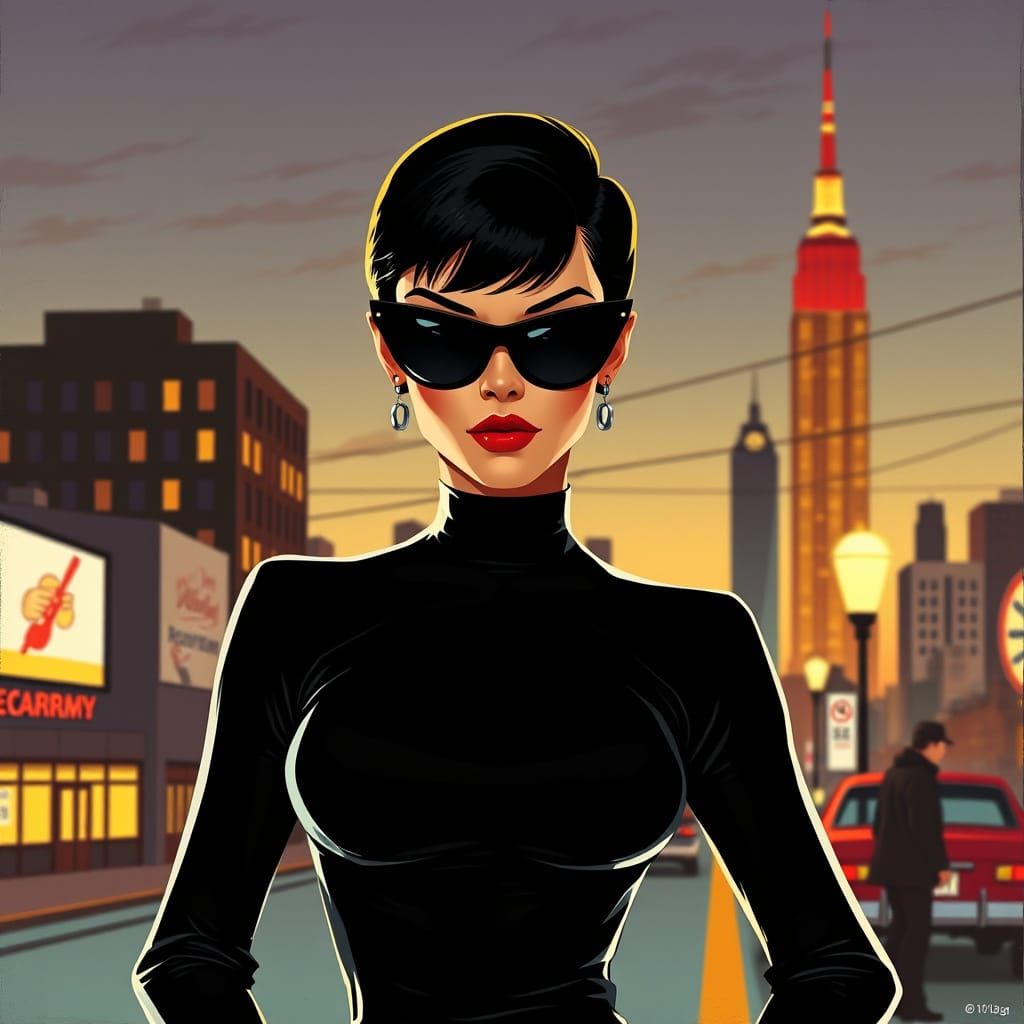 Girl Spy in 1960s Cityscape, Retro Art