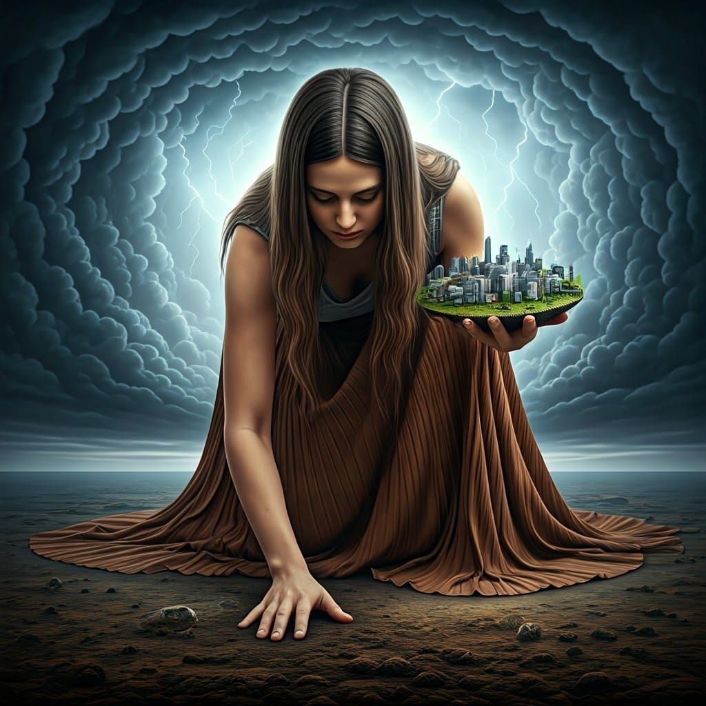 Gigantic Woman Kneeling with Miniature City