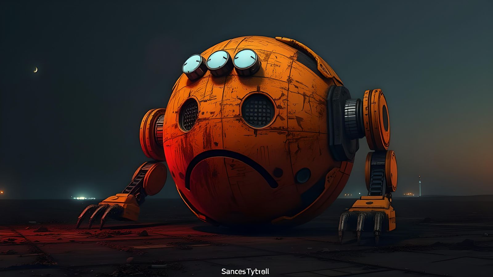 Dystopian Sad Emoji Robot in Sci-Fi Style